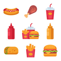 Set of fast food icons. Cups of cola, donuts, hamburgers, chicken feet, hotdogs, French fries, ketchup. Isolated on a white background. Flat color illustration vector. For menus restaurant