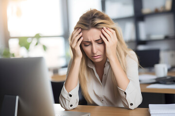 Burnout young woman working at office desk feeling sick at work, exhausted female worker with frustrated, stressed out woman with head in hand