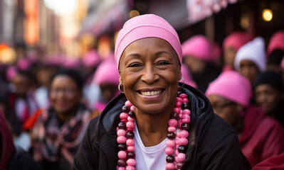 Smiling african american bald woman in pink