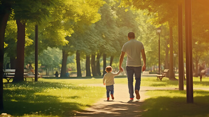 Back view of father holding his child hand walking through park, father and son strolling in park