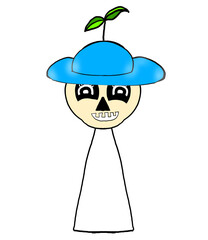 Cartoon doodle skeleton ghost on head with tree wearing a blue hat