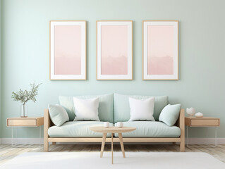 Living room in soft pastel green color with three photo frames mockup on the wall