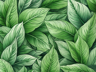 Illustration of green leaves close up, top view