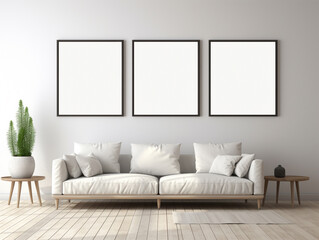 Living room with three photo frames mockup on the wall