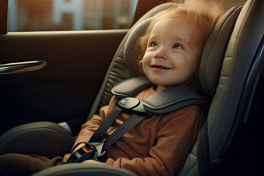 Cute little girl sitting in child safety seat inside car. Danger prevention. Happy kid in a child car seat wearing a seatbelt while traveling by car. Safe movement of children in the car.