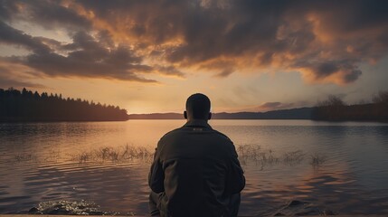 African American man looking out at a lake horizon at sunset