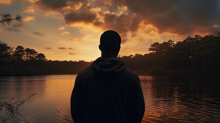 African American man looking out at a lake horizon at sunset - obrazy, fototapety, plakaty