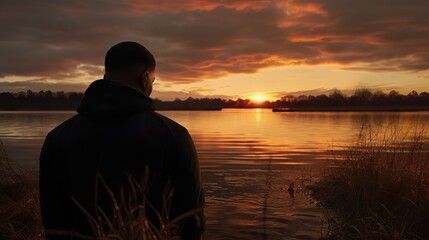 African American man looking out at a lake horizon at sunset - Powered by Adobe