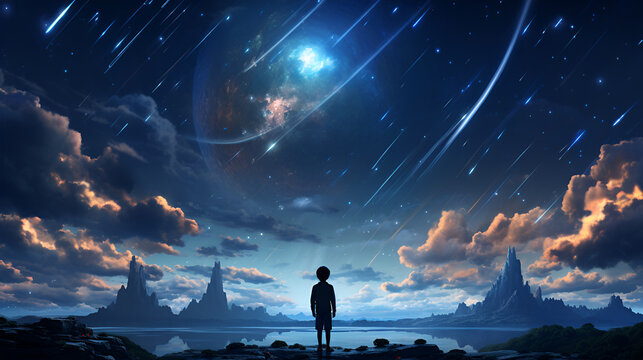 a child standing looking at the view of the sky with comets, anime style