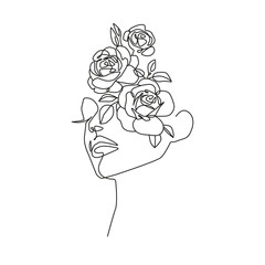 Woman Face with Flowers in Trendy Modern Linear Style. Female Beauty Art. Minimalist Outline Drawing for Wall Print, Poster, Cosmetics. Linear Floral Woman Head. Vector EPS 10. 