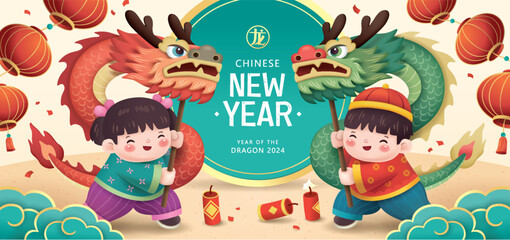 2024 Chinese New Year, year of the Dragon poster design with boy and girl performing dragon dance. Chinese translation: Dragon