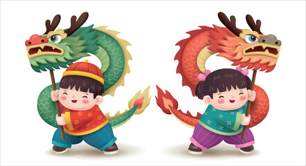 Cute little Chinese boy and girl performing dragon dance on white background