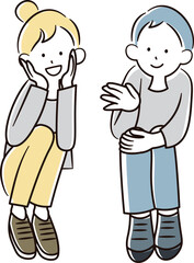 座って話をするアジア人の男性と女性のイラスト素材