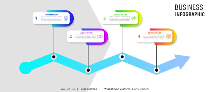 Modern arrow infographic template with 4 steps. Business circle template with options for brochure, diagram, workflow, timeline, web design. Vector