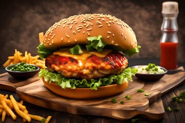 Crispy chicken burger with sauce and vegetables HD result with 3D 