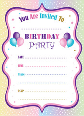 happy birthday invitation card with gradient doted background and colorful frame ,balloons , stars for birthday party vector illustration
