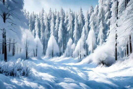  a snow-covered forest after a fresh snowfall in an AI image  