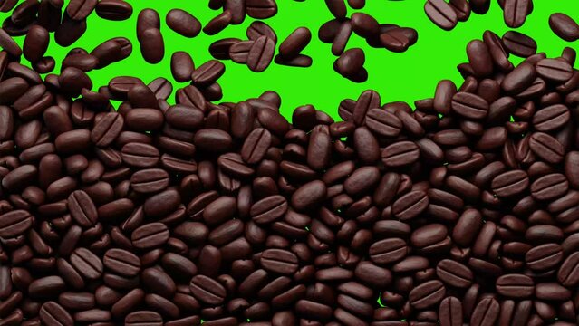 Falling coffee beans fill the entire screen with a green screen background. 3d rendering