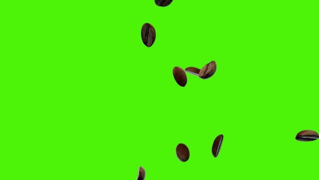 coffee beans falling in the air against a green screen background