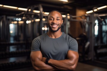Obraz premium Smiling portrait of a happy young male african american fitness instructor in an indoor gym