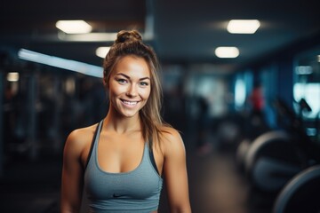 Fototapeta premium Smiling portrait of a happy young female caucasian fitness instructor working in an indoor gym