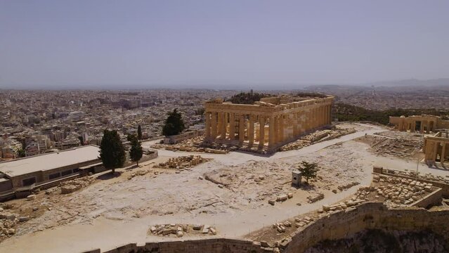Aerial view of the Acropolis and the Parthenon, in Athens, Greece. Cinematic 4k.