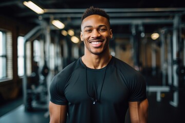 Fototapeta premium Smiling portrait of a happy young male african american fitness instructor in an indoor gym
