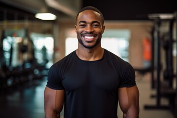 Obraz premium Smiling portrait of a happy young male african american fitness instructor in an indoor gym