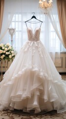 Fototapeta na wymiar Wedding dress with lace and tulle, wedding dress in a large room, on the eve of the wedding. 