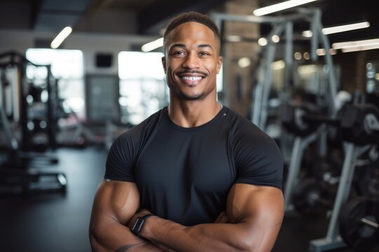 Smiling portrait of a happy young male african american fitness instructor in an indoor gym
