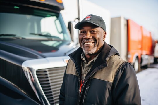 Smiling portrait of a happy middle aged african american male truck driver working for a trucking company