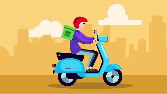 2D animation of a scooter delivery man with a backpack on his back and a monochrome city in the background.  Delivery boy, young guy riding a motorcycle with a safety helmet.