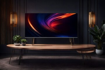 PSD realistic 8k tv screen with luxery table  