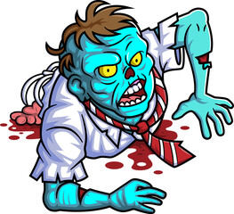 Scary zombie businessman cartoon character on white background