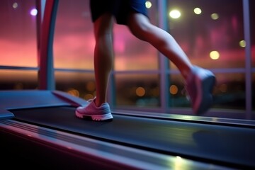 Close up of woman in sports clothing running on treadmill in gym.