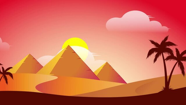 2D animation of the pyramids of egypt. sunrise at the pyramids of egypt, City of ancient egypt