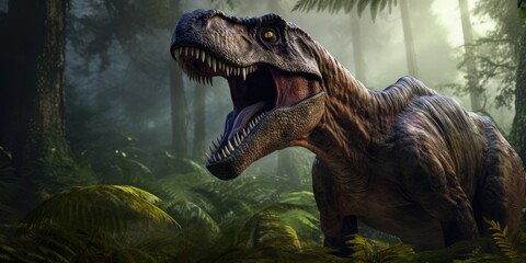 illustration of tyrannosaurus in forest, generative AI