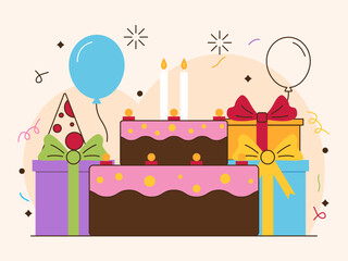 Happy people celebrating birthday party. Flat birthday party vector illustration. Birthday party celebration