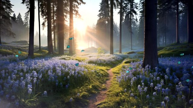 lavender flowers in forest with sunrise light video nature background looping