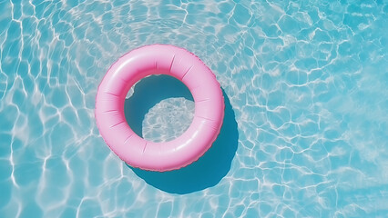 Pink inflatable pool circle floating on the water surface on sunny day, view from above, ai generated