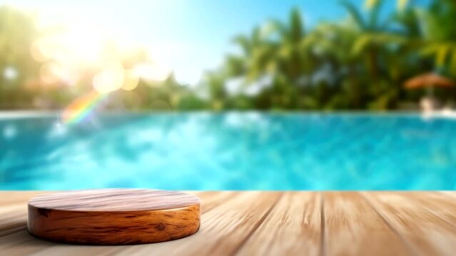 empty wooden table with swimming pool background