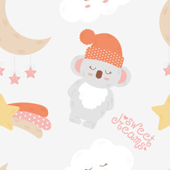 Fototapeta premium Childish seamless vector pattern with cute panda, fluffy cloud, moon and stars. Funny print background perfect for fabric. Gray background. Vector