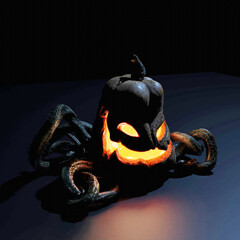 
3D computer-rendered illustration of a spooky carved pumpkin jack-o-lantern.