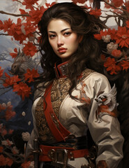 Fototapeta premium Female Asian warrior videogame art game cover concept. Asian woman warrior with armor. 