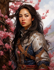 Female Asian warrior videogame art game cover concept. Asian woman warrior with armor. 