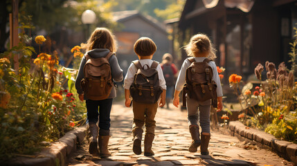 School children walking in autumn park