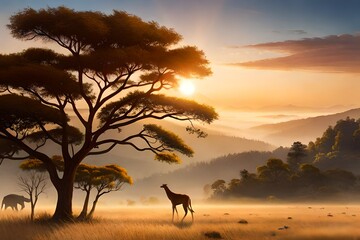 A panoramic view of a vast, untouched savanna, where wildlife roams freely beneath the endless sky