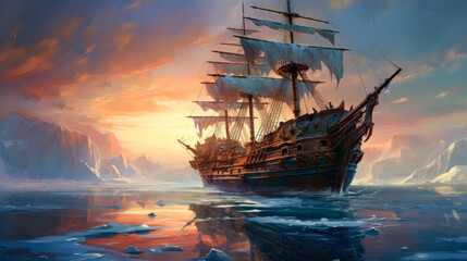 Obraz premium Ship sailing for the world in the ocean in the style of a matte painting. Gave pirate concept. 