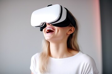 Young woman wearing VR augmented reality goggles in futuristic corridor of virtual art gallery exhibition, surreal world and virtual reality, Generative AI
