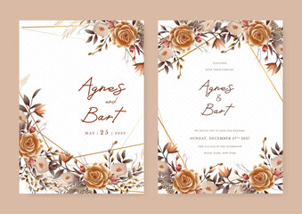Fototapeta premium Brown beige and white modern wedding invitation template with flora and flower